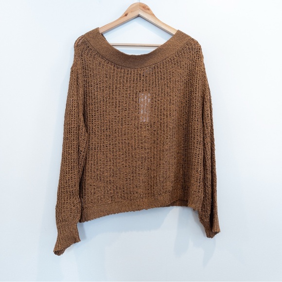JLUXLABEL Light Brown Open Weave Off the Shoulder Sweater Size Medium Large - Picture 8 of 9